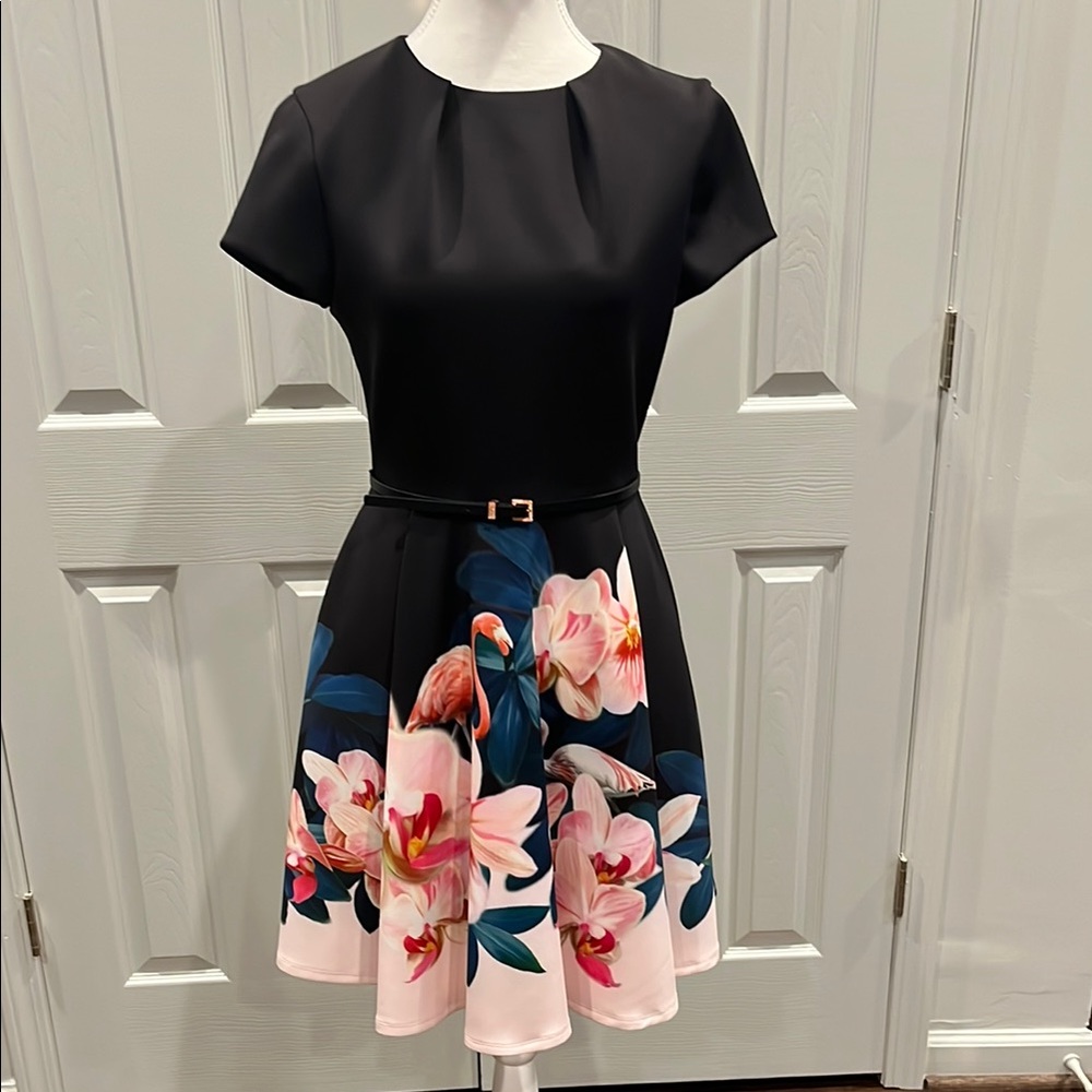 Ted Baker London Black and Orange and pink Fit and Flare skater Dress